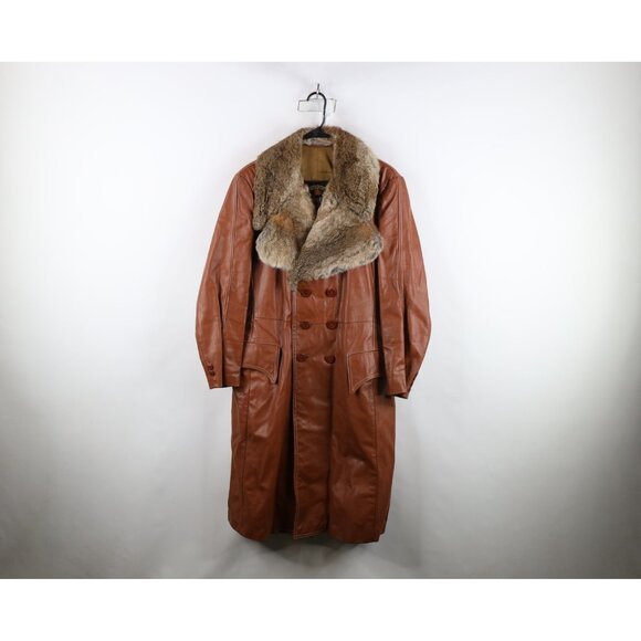 Vintage Other - Vintage 60s 70s Streetwear Mens 44 Rabbit Fur Trim Leather Trench Coat Jacket